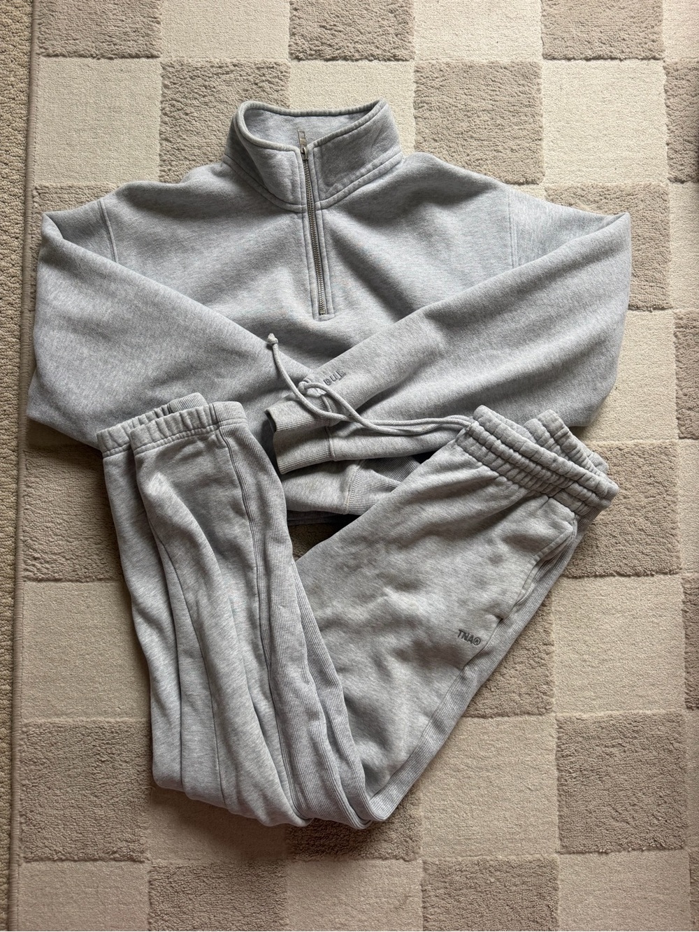 TNA Aritzia grey sweatsuit - quarter zip and boyfriend jogger